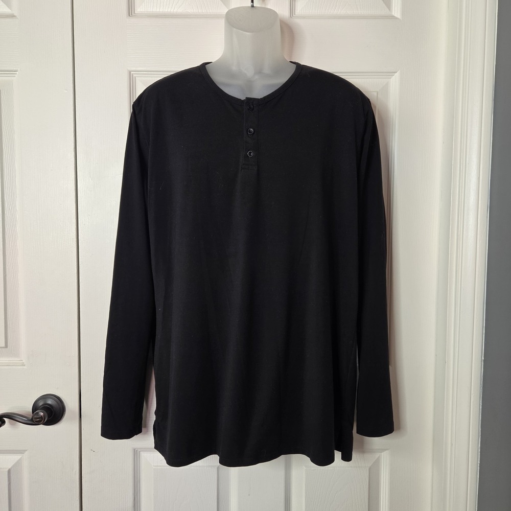 Cuts Clothing Split Hem Long Sleeve Henley T-Shirt Stretch Black Preppy Casual